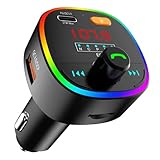 Mycket Upgraded Bluetooth 5.0 FM Transmitter for Car,45W Type-C & QC3.0 Fast USB Charger,Wireless Bluetooth FM Radio Adapter Music Player Support U Drive/TF Card,Optional EQ,with 10 Color LED Backlit